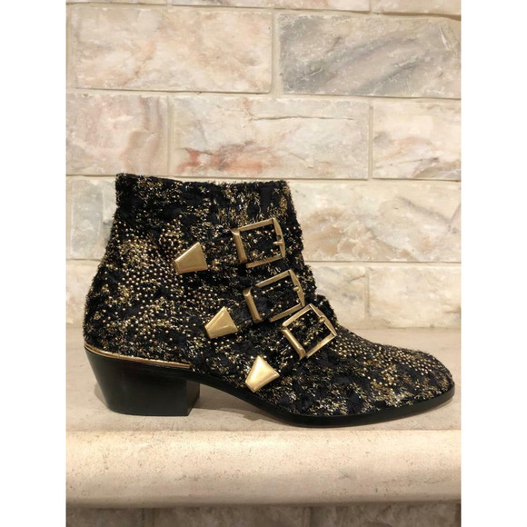 Chloe Suzanna Black Gold Velvet Coupe Studded Short Zipper Ankle Heel Bootie 37 - Picture 4 of 12
